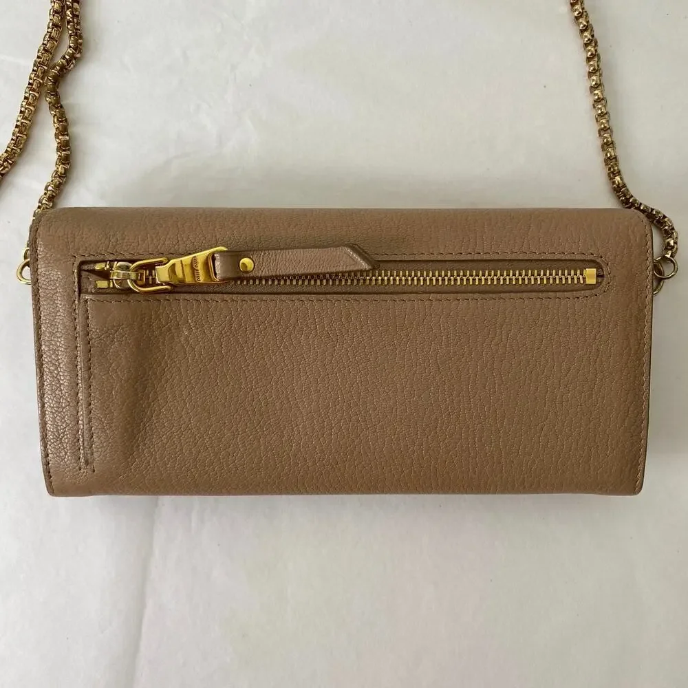 Authentic Miu Miu Beige Leather Wallet on Chain Gold Logo Crossbody - Picture 5 of 16